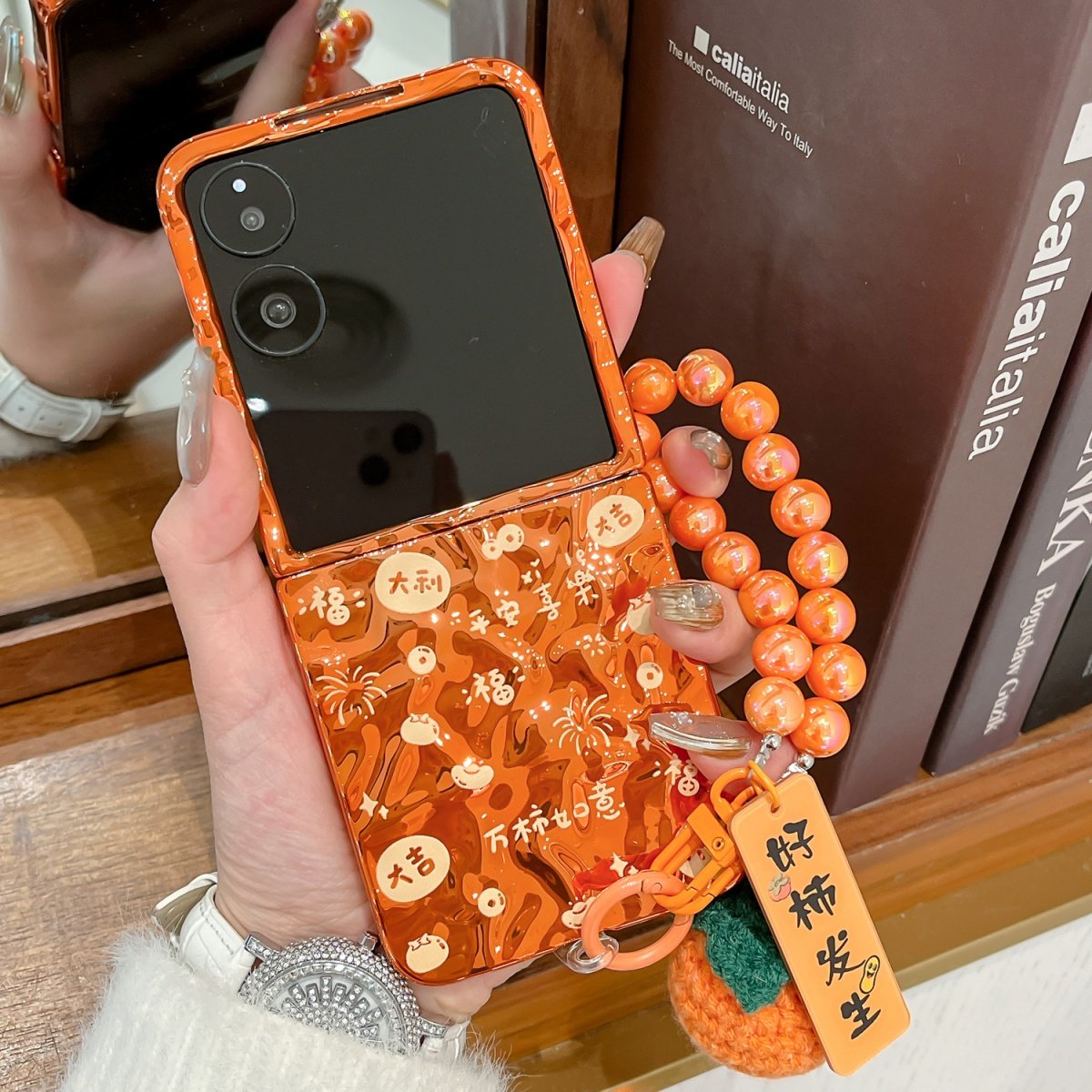 喜庆好柿发生新年橙色平安喜乐手机壳适用小米mixflip保护套折叠屏MIXFlip2电镀褶皱纹荣耀vflip潮三星zflip7