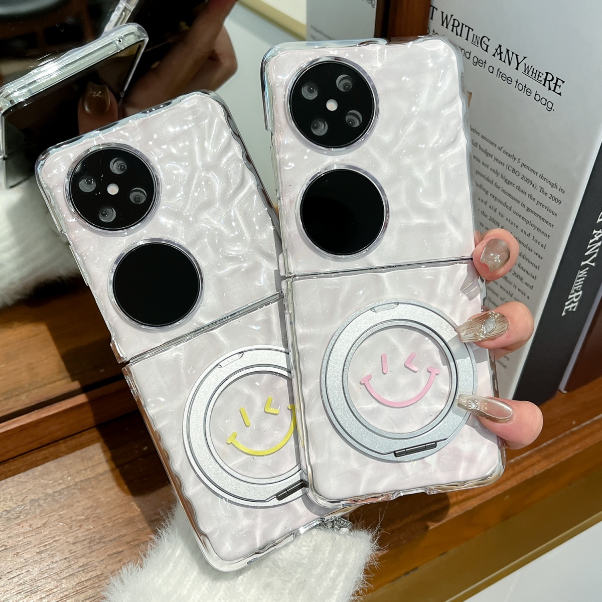 皱褶水波纹笑脸360度旋转磁吸支架适用华为PuraX折叠屏手机壳pocket2翻盖透明小米mixflip2保护套荣耀vflip潮