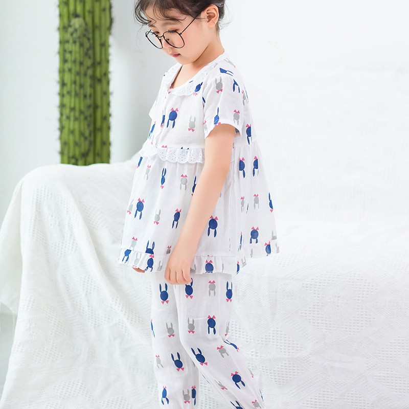 儿童夏季新品  女童薄款纯棉纱布家居服套装宝宝上衣+裤子两件套