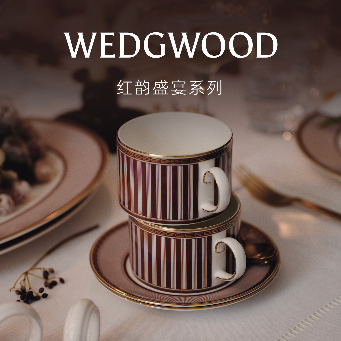 WEDGWOOD威基伍德红韵盛宴2杯2碟咖啡杯杯碟骨瓷家用送礼礼盒