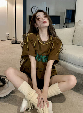 美式复古宽松中长款短袖t恤女