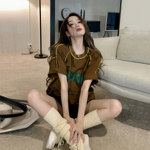 美式复古宽松中长款短袖t恤女