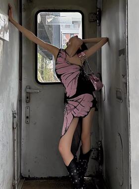 KE QIN克谦美式复古辣妹蝴蝶印花吊带背心女不规则连衣裙上衣