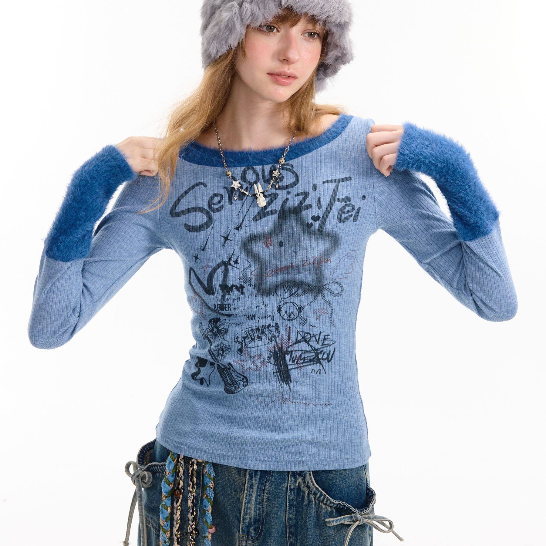 美式涂鸦印花长袖T恤女修身圆领针织打底衫休闲风上衣,女装/女士精品,T恤,淘宝优惠券,粉丝福利购,淘宝优惠卷