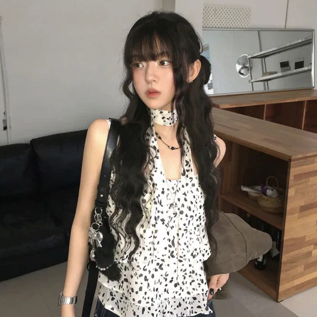 法式复古白色豹纹无袖背心女挂脖式性感吊带上衣