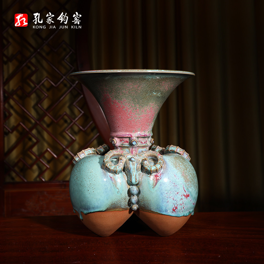 孔家钧窑【三羊开泰】神垕钧瓷陶瓷礼品花瓶纯手工摆件家居饰品