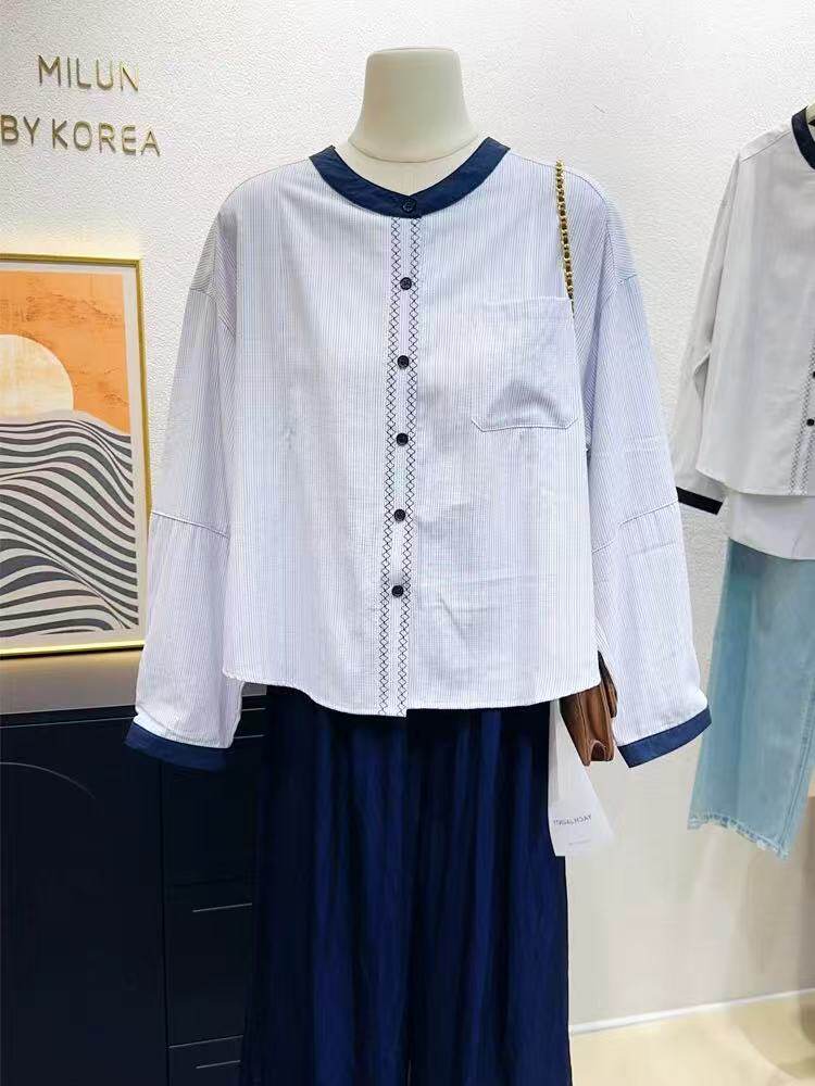 【甜甜专享】韩国订单条纹衬衫女长袖撞色遮肉显瘦高级感上衣008