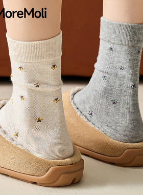 灰色复古袜子女2025新款爆款无骨中筒袜miu系女士秋季碎花堆堆袜