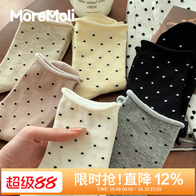 moremoli波点卷边显瘦中筒袜