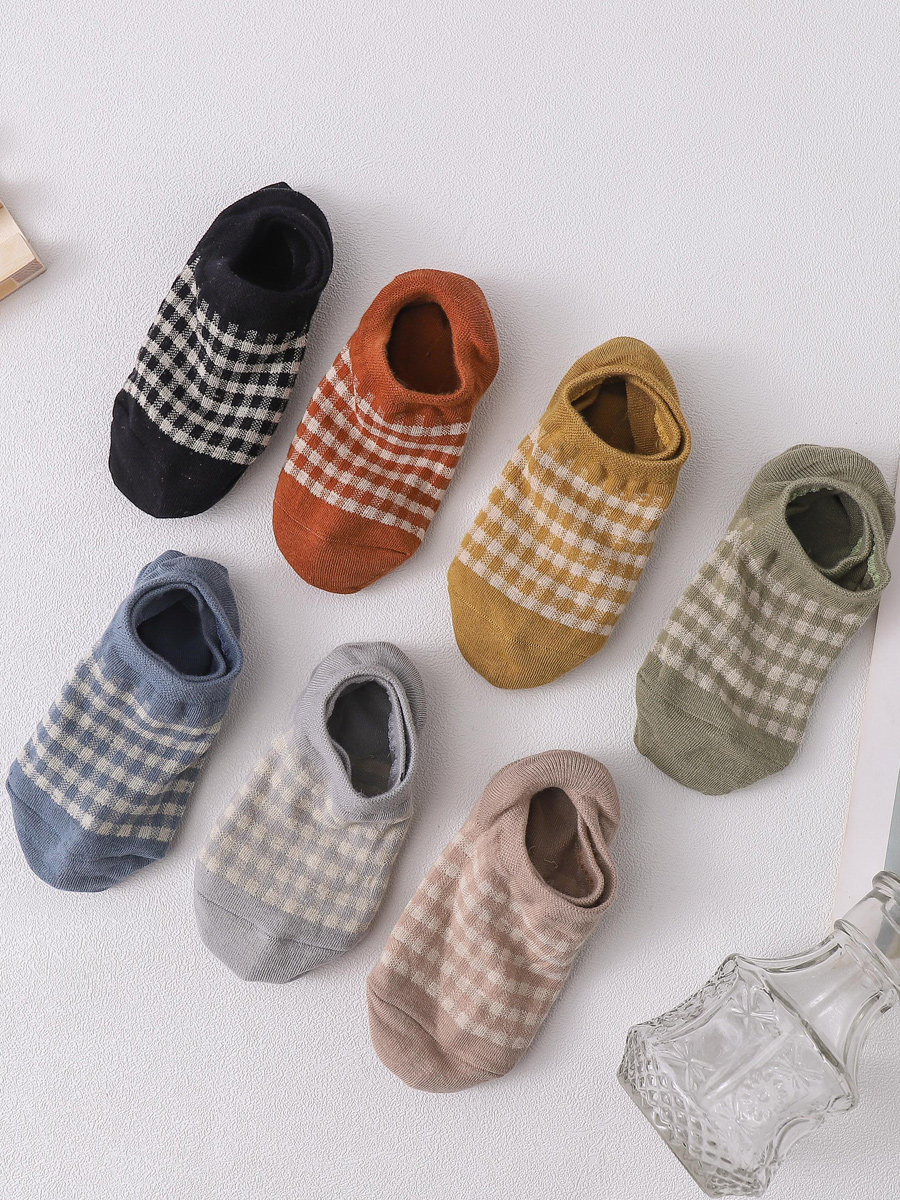 Plaid socks women's socks shallow mouth pure cotton ins tide short section spring and autumn thin section summer invisible silicone non-slip invisible socks