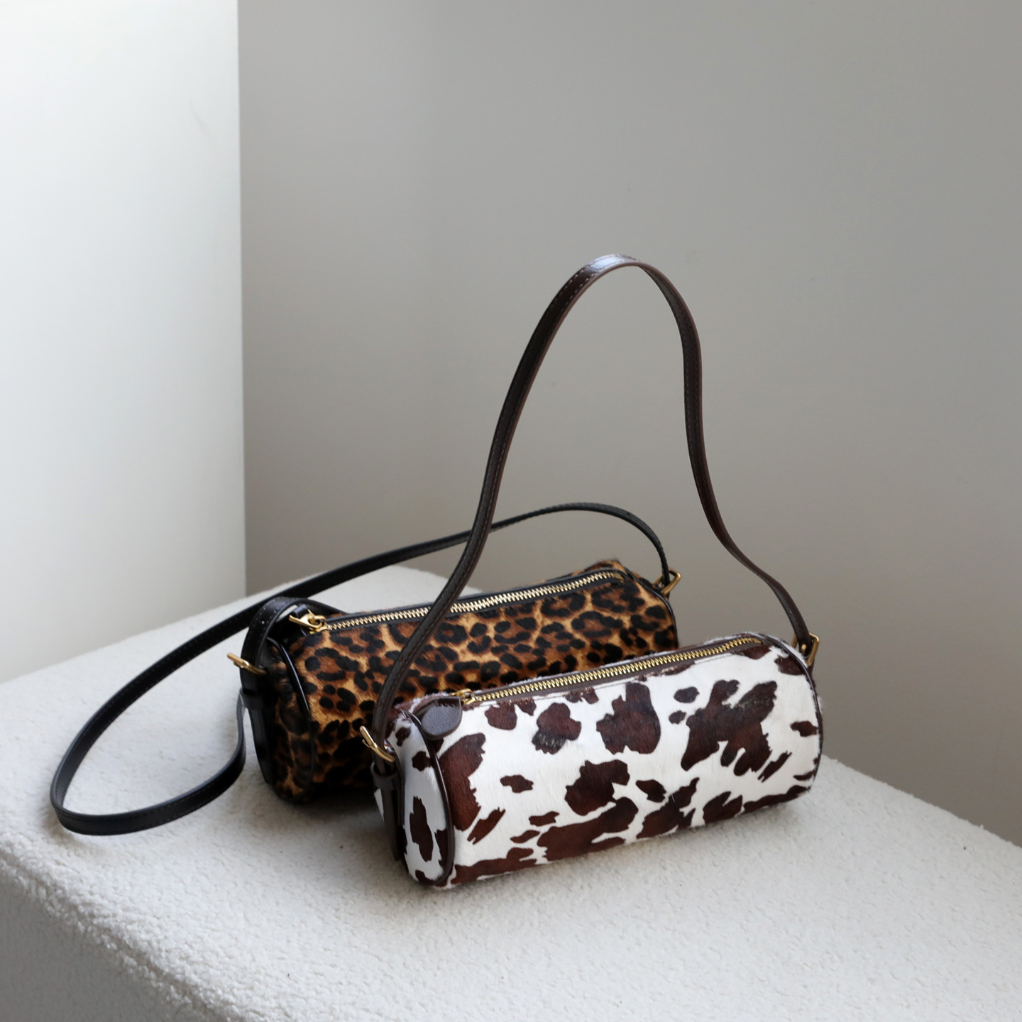 秋冬真马毛奶牛纹真皮斜挎包