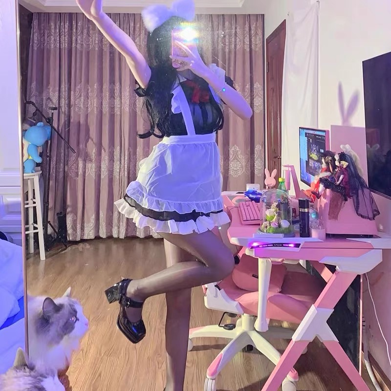 店主强推！大胆害羞 性感心机女仆围裙网纱透视收腰洛丽塔连衣裙