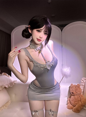 SLOWBURN 纯欲辣妹深V挂脖御姐制服套装镂空花边连体衣包臀裙女