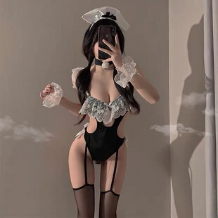 SALTCRUSH 性感女仆紧身镂空蕾丝荷叶边连体衣纯欲免脱私房内衣