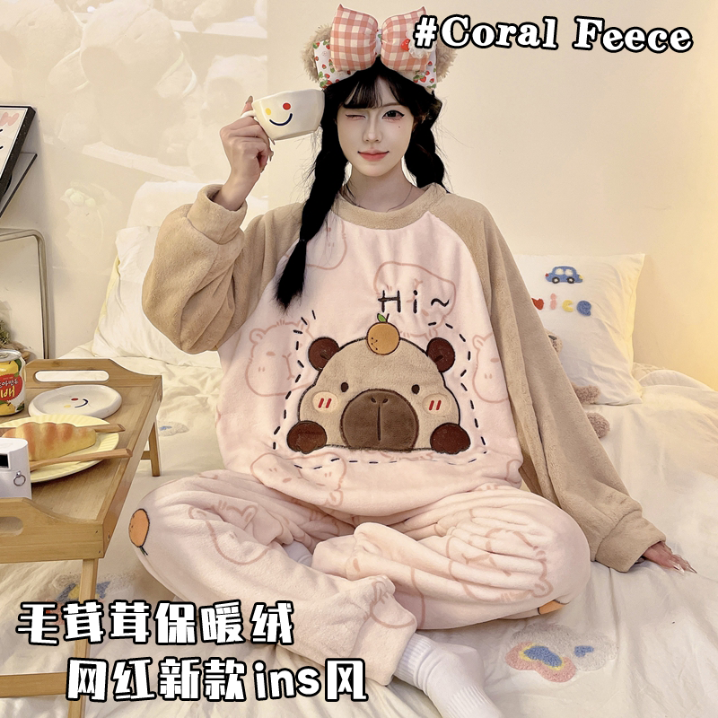 秋冬季珊瑚绒睡衣保暖圆领可外穿