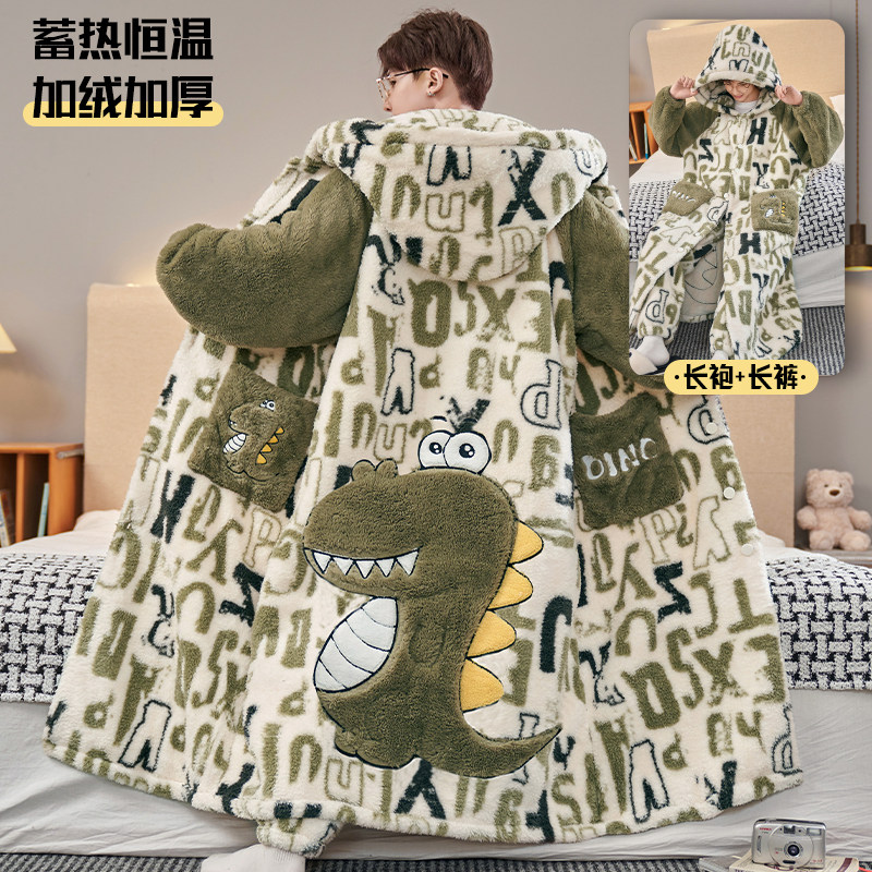 保暖加绒加厚男款秋冬季珊瑚绒睡袍大码200斤家居服睡衣青年套装