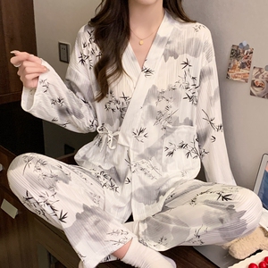 ins风睡衣女薄款长袖春秋季复古国风家居服产后月子服和服住院服