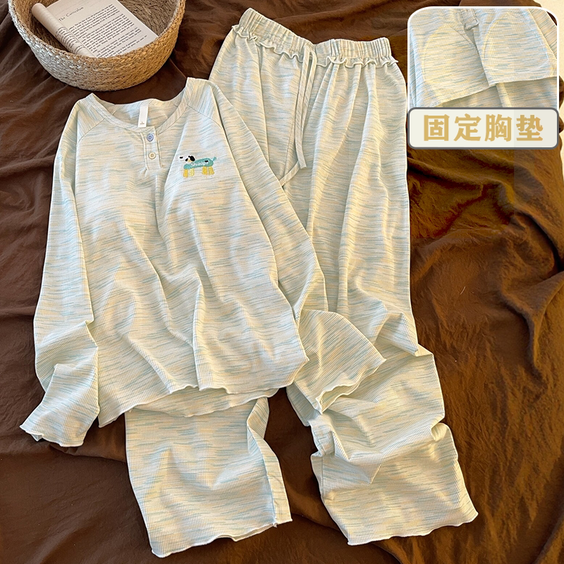 春秋女韩系带胸垫针织家居服套装