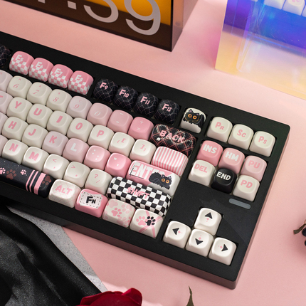 Little dragging cat keycap cute sweet black powder ball cap PBT rounded and heating 61 68 75 84 87 98 108