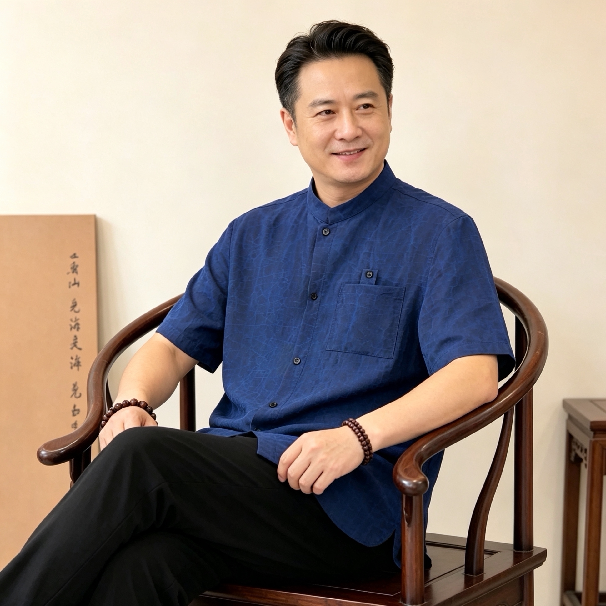 夏季新中式爸爸装桑蚕丝立领衬衫
