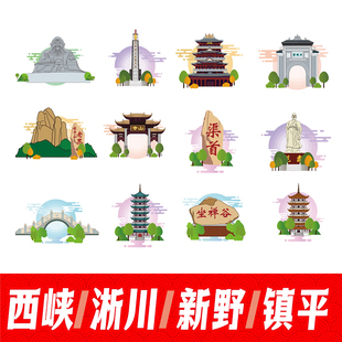 南阳市西峡县淅川县新野县镇平县文创地标建筑线稿插画剪影AI素材