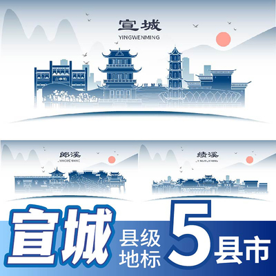 宣城绩溪县泾县郎溪旌德县地标建筑线稿剪影主视觉海报展板KV素材
