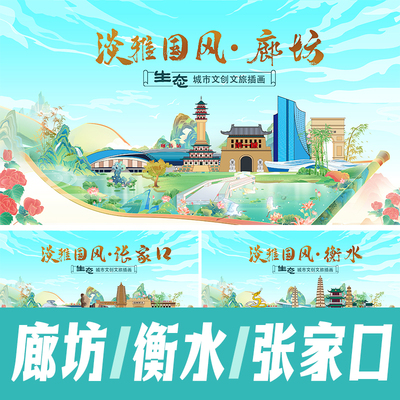 衡水廊坊张家口国潮城市画卷轴地标建筑海报展板主KV视觉PSD素材