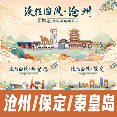 沧州保定秦皇岛国潮水墨风城市地标建筑海报展板主KV手绘插画素材