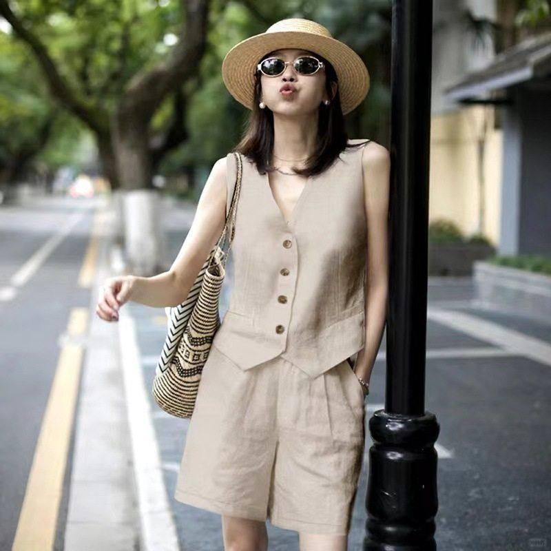 高端亚麻西装马甲短裤套装女款2025新款夏季薄款棉麻外穿马夹背心