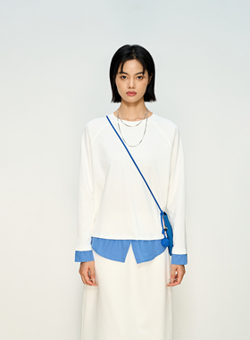 张小某假两件白色T恤女长袖打底衫2025秋冬新款宽松圆领上衣T1920