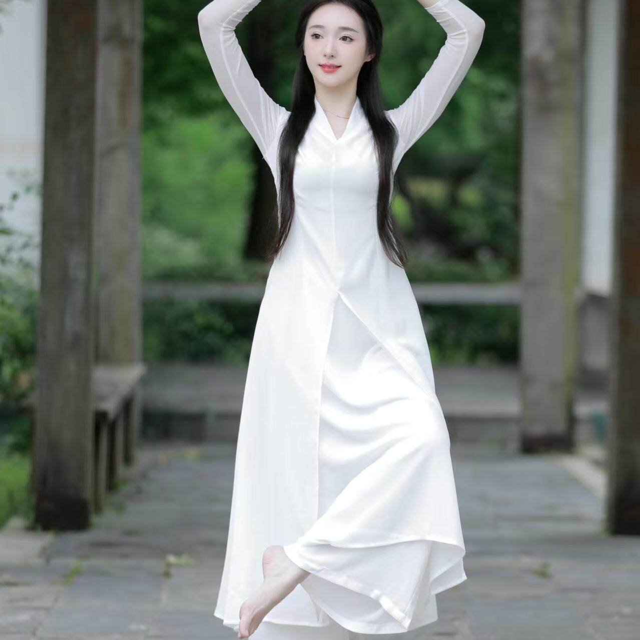 新中式国风改良汉服仙气拍照长袖收腰旗袍雪纺连衣裙白色禅意茶服