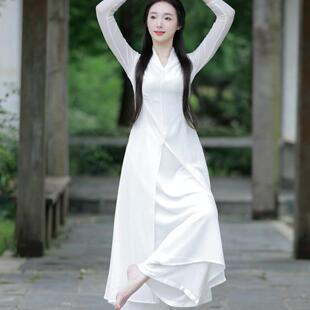 新中式国风改良汉服仙气拍照长袖收腰旗袍雪纺连衣裙白色禅意茶服