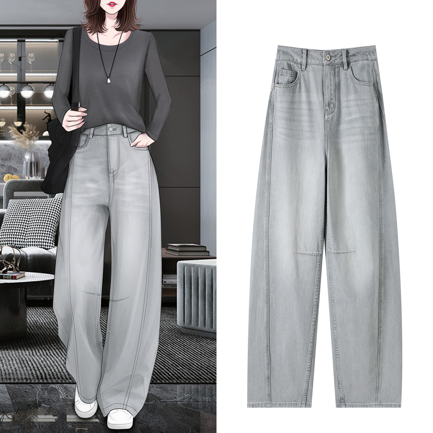 轻奢阔腿香蕉牛仔裤秋冬加绒女裤