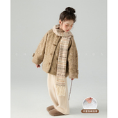 儿童加厚毛呢格子大衣保暖女童格子外套潮 新款 初羽家童装 2025冬季