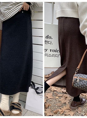 Seawhen海维恩  简约时髦舒适百搭显瘦羊毛绒A字后开叉半身裙2894