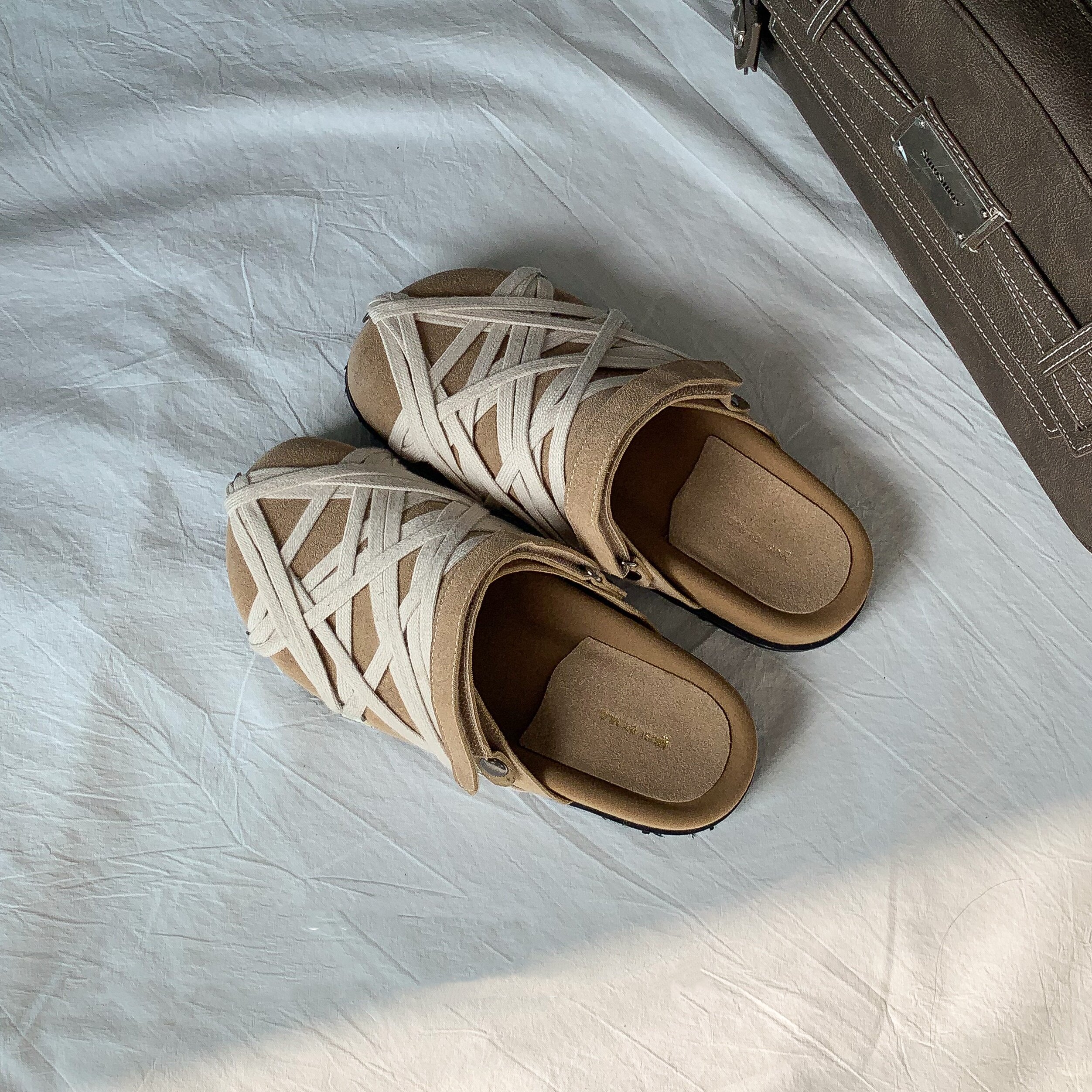 MUMU设计感真皮编织包头半拖鞋厚底勃肯鞋一脚蹬外穿休闲两穿凉鞋