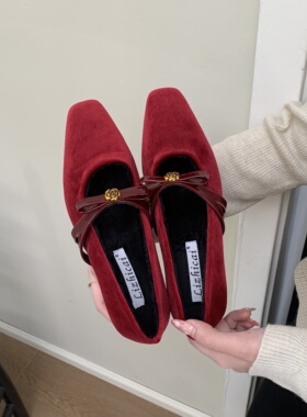 MUMU法式红色丝绒蝴蝶结玛丽珍鞋女加绒方头粗跟一字带单鞋毛毛鞋