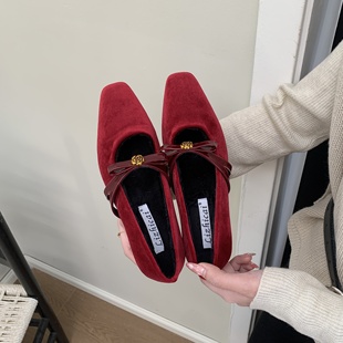 MUMU法式红色丝绒蝴蝶结玛丽珍鞋女加绒方头粗跟一字带单鞋毛毛鞋