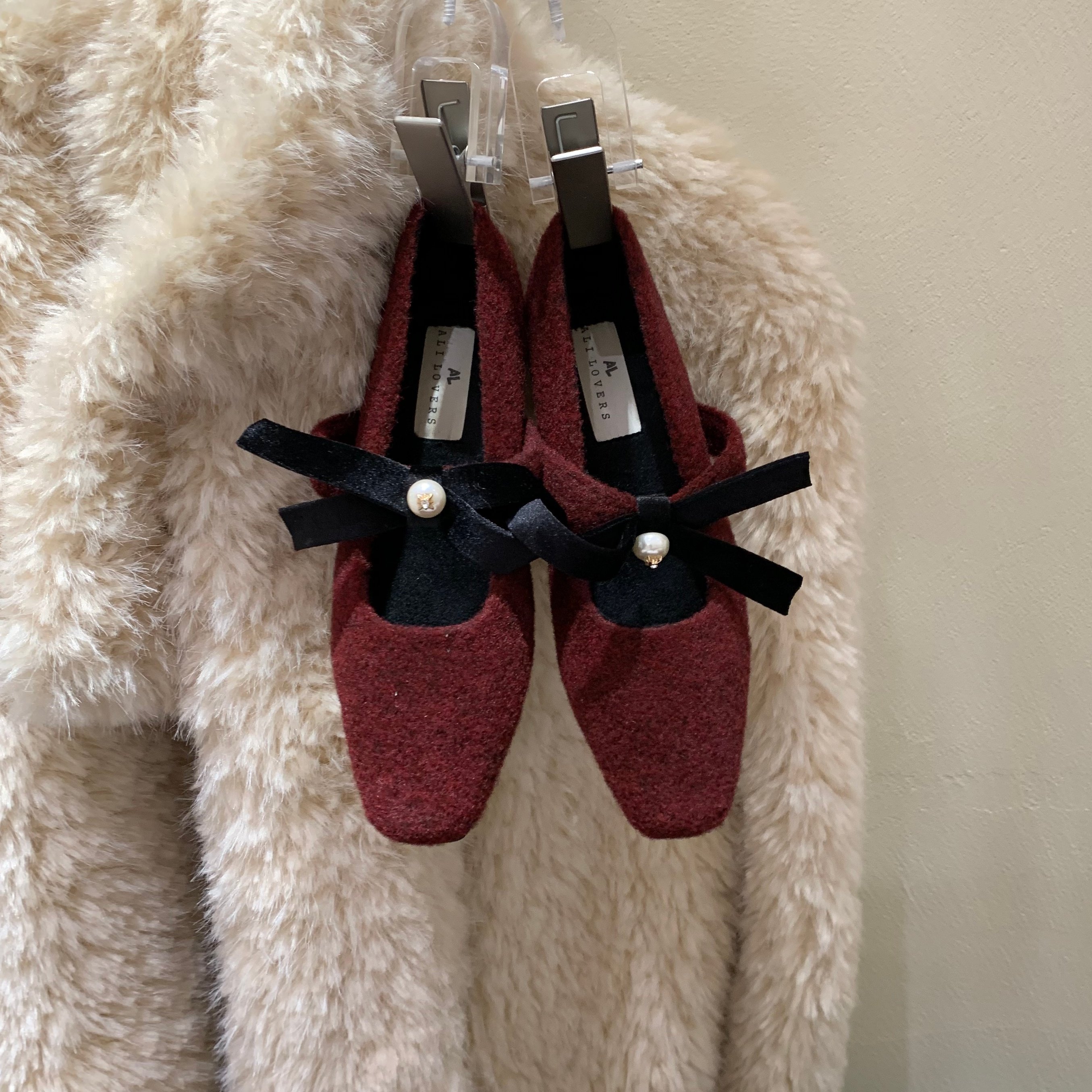 MUMU2025新款红色蝴蝶结珍珠粗跟方头毛呢玛丽珍鞋女加绒毛毛单鞋,女鞋,浅口单鞋,淘宝优惠券,粉丝福利购,淘宝优惠卷