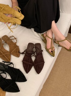 MUMU韩版尖头系带凉鞋女夏坡跟绒面小众高级感通勤鞋