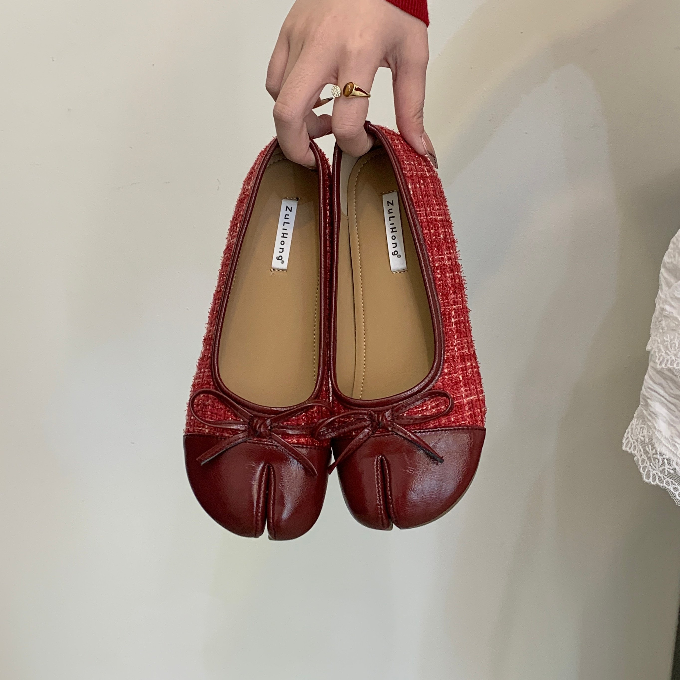 MUMU甜美风红色分趾猪蹄鞋女平底蝴蝶结芭蕾舞单鞋浅口分趾鞋,女鞋,浅口单鞋,淘宝优惠券,粉丝福利购,淘宝优惠卷