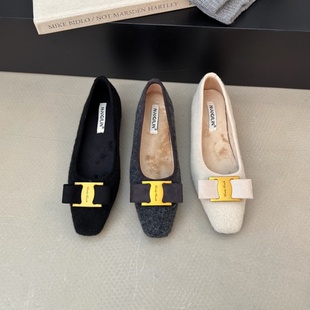 MUMU小香风金属扣蝴蝶结方头加绒保暖毛呢单鞋平底通勤女鞋奶奶鞋