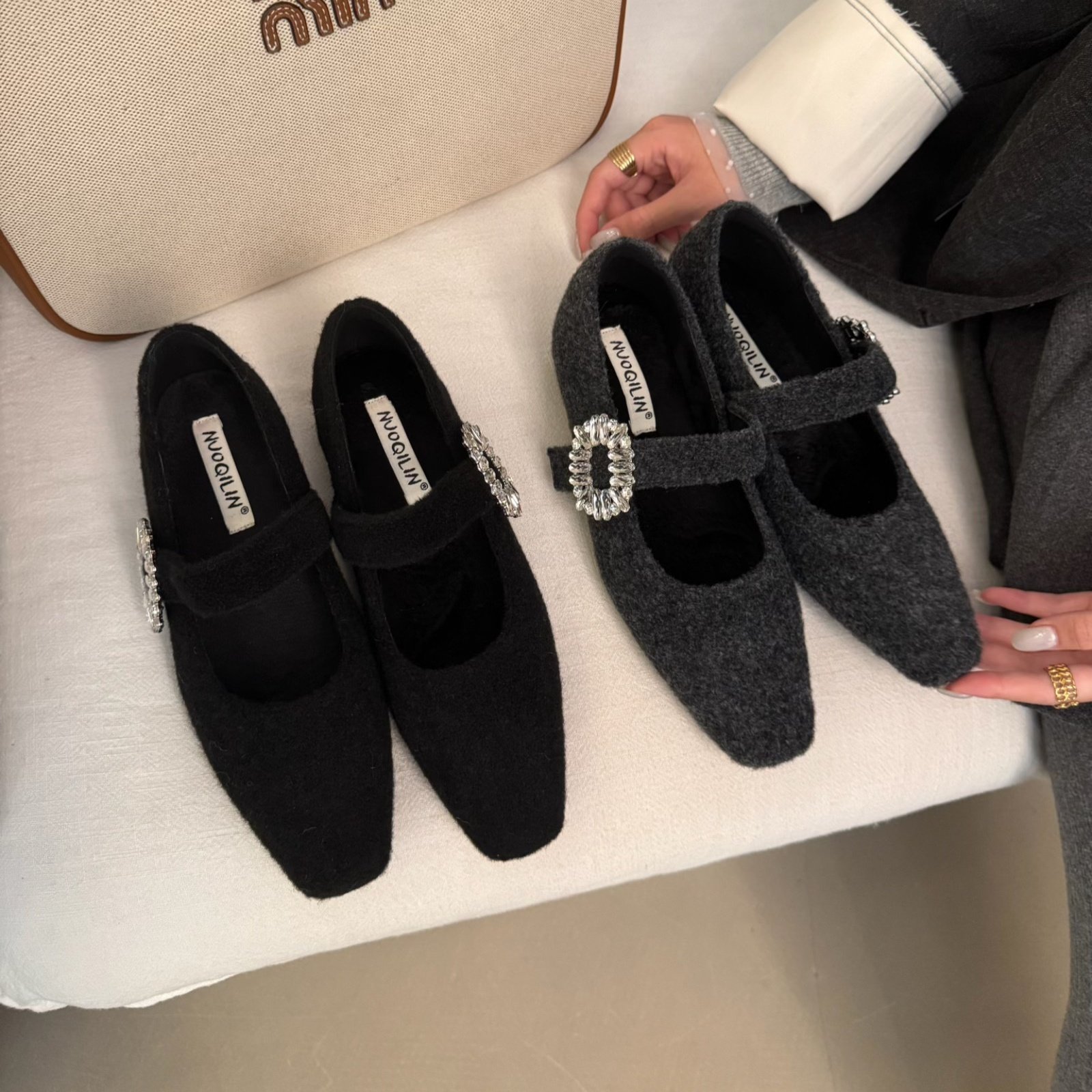 MUMU法式水钻一字带玛丽珍鞋女方头内增高气质百搭浅口单鞋