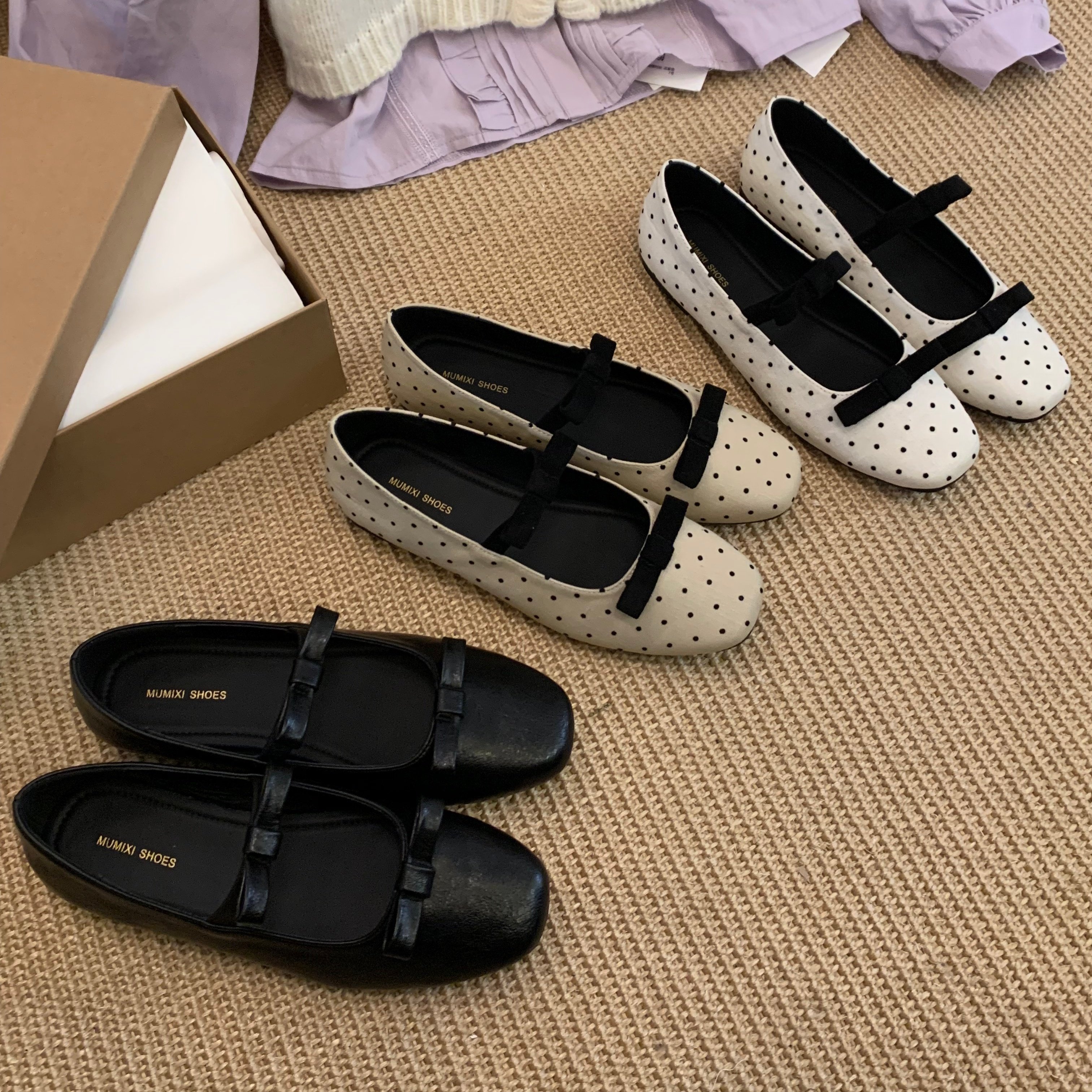 MUMU法式波点蝴蝶结方头玛丽珍鞋女平底浅口芭蕾舞奶奶鞋,女鞋,浅口单鞋,淘宝优惠券,粉丝福利购,淘宝优惠卷