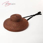 欧美春夏新款 复古浅平顶大帽檐麦秆草礼帽舞台时装 走秀凹造型草帽