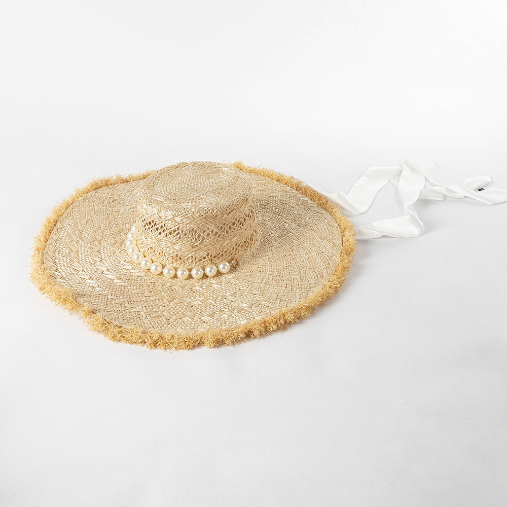 欧美春夏时尚手编镂空宽织带绑绳剑麻平顶草帽户外逛街防晒遮阳帽