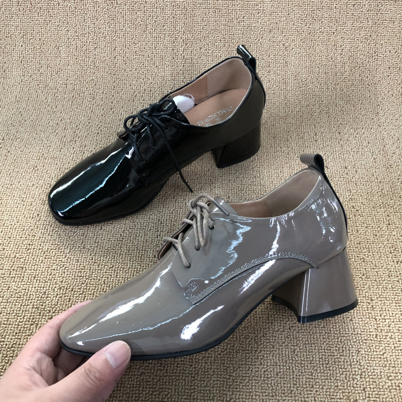 系带深口牛漆皮高跟时尚女单鞋