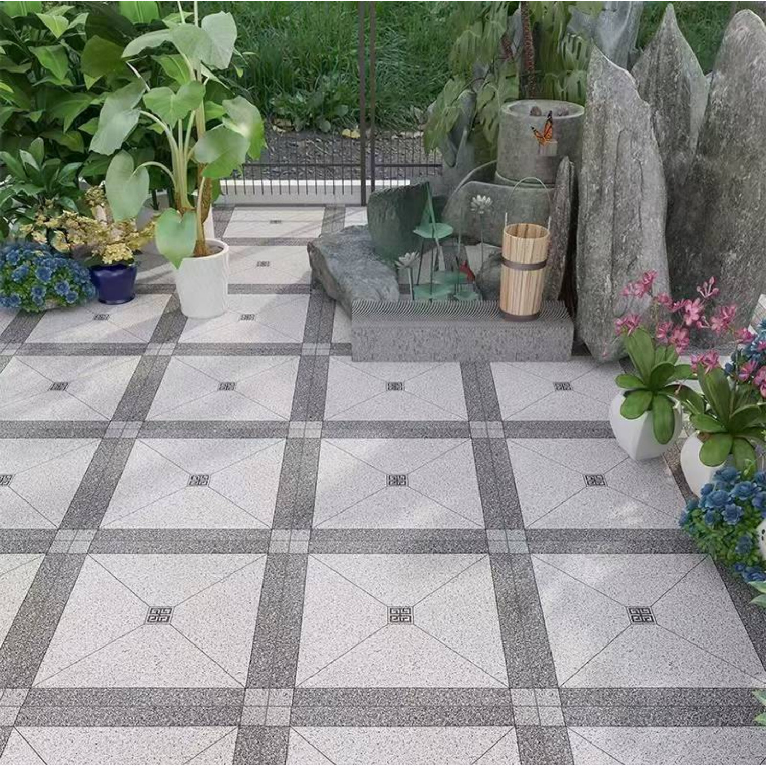 加厚地铺石拼花瓷砖600x600户外院子花园地砖露台阳台防滑防冻砖
