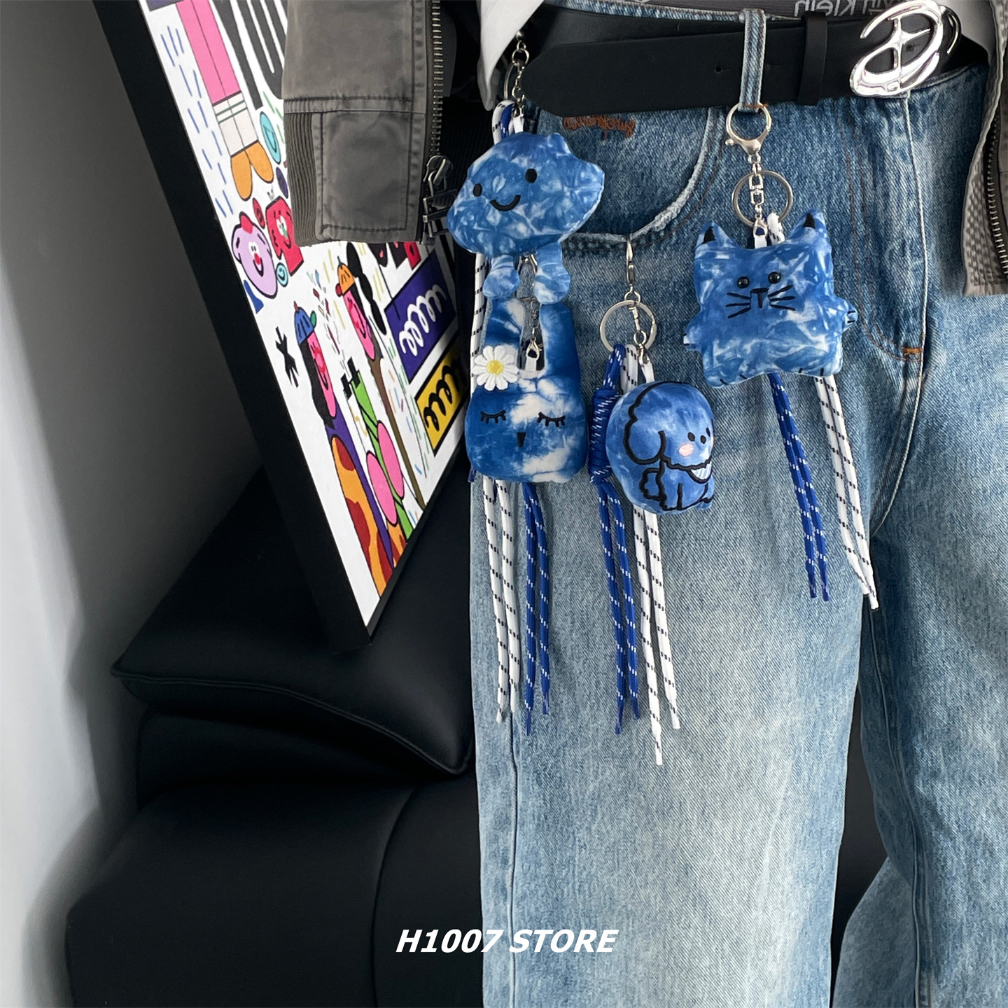 扎染蓝色云朵小狗编绳挂件男款裤链女小众设计感钥匙包挂腰间挂饰