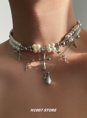 短款颈链珍珠水滴芒星男款项链女小众设计高级感锁骨链嘻哈风配饰